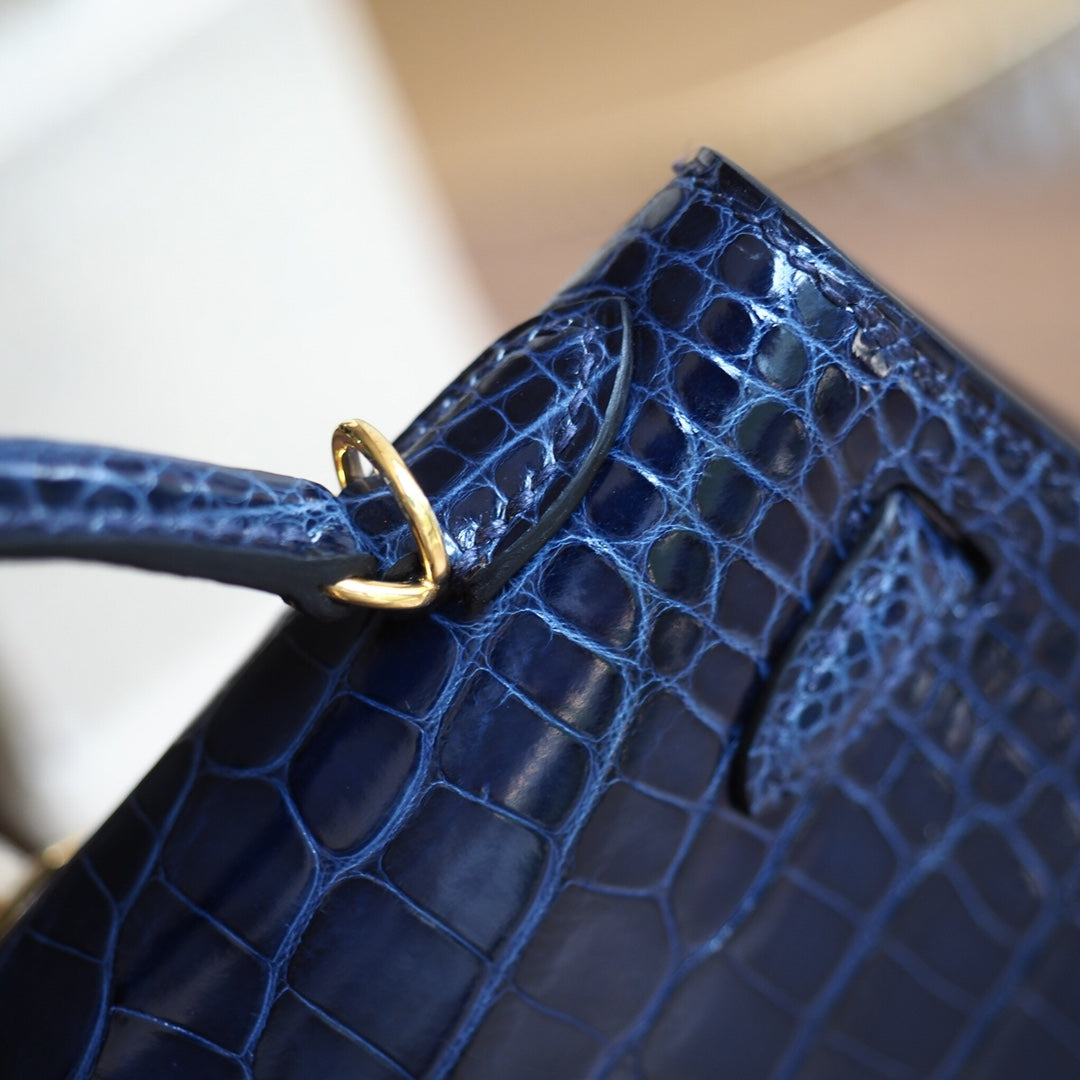 Hermes Mini Kelly 19cm 2Z/午夜蓝/Blue nuit Crocodile leather Gold hardware