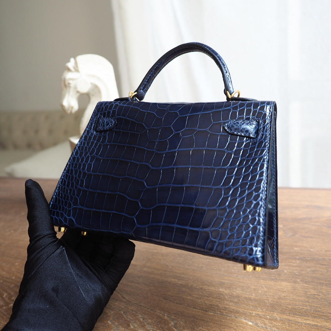 Hermes Mini Kelly 19cm 2Z/午夜蓝/Blue nuit Crocodile leather Gold hardware