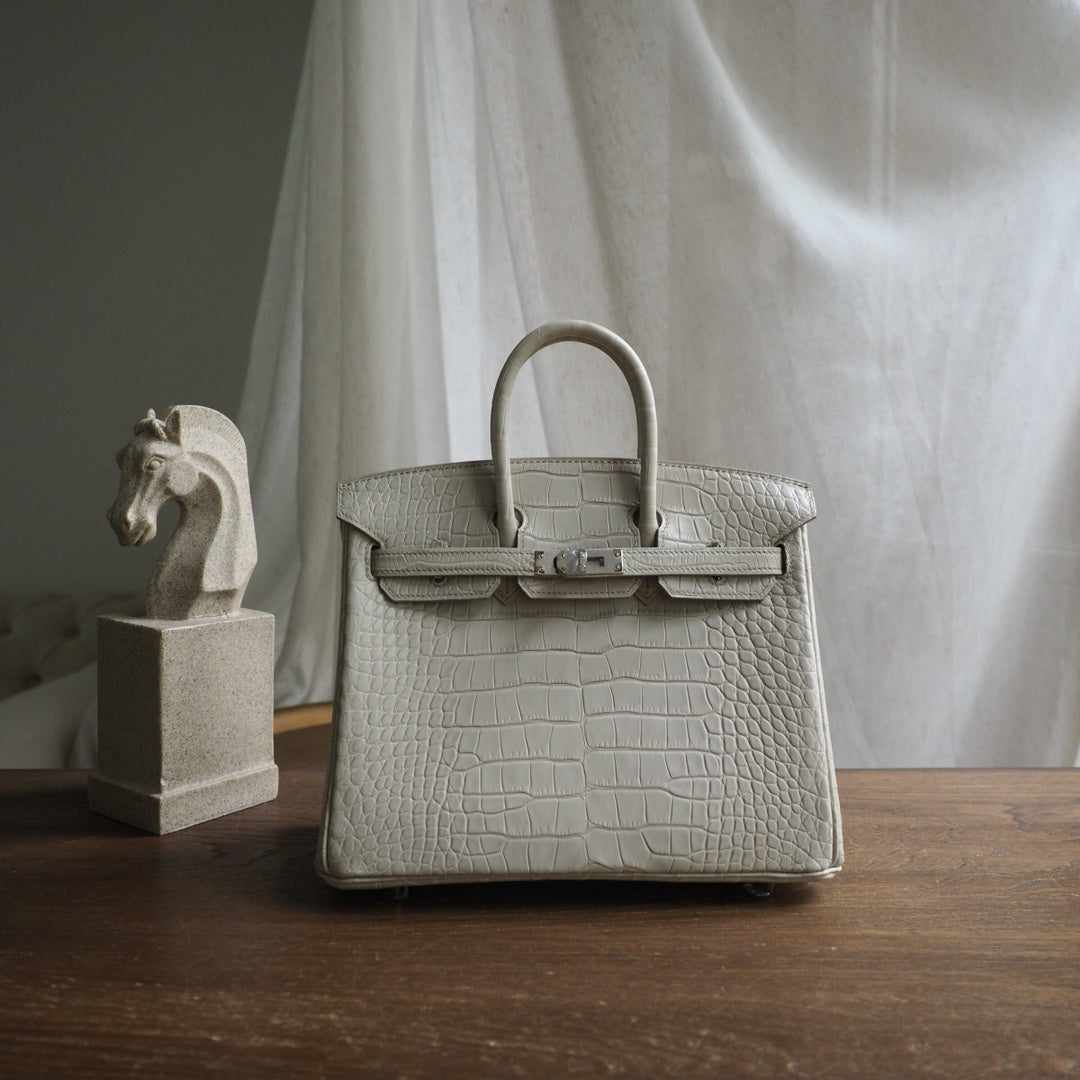 Hermes Birkin 25cm 12/奶油白/Nata Crocodile leather Palladium hardware