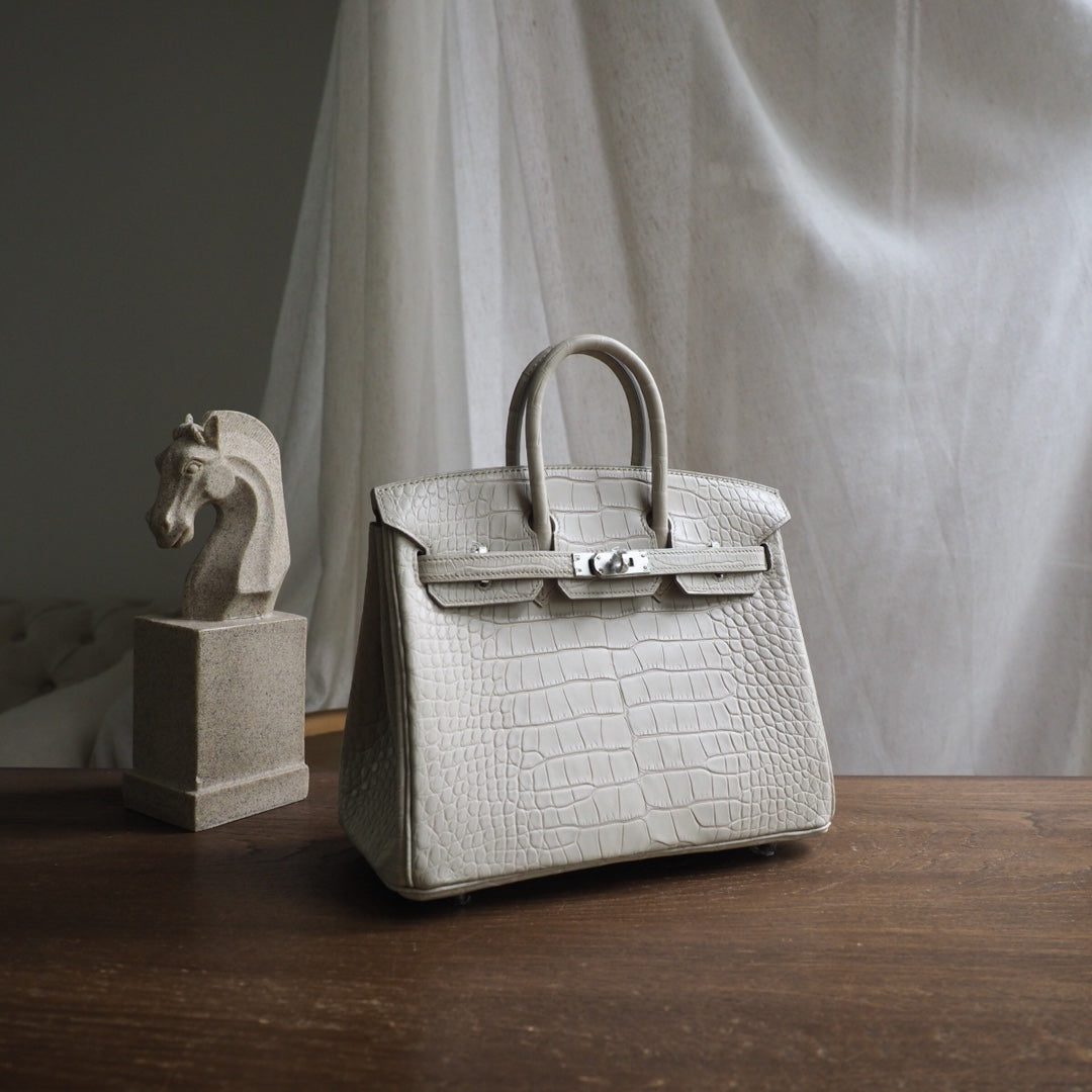 Hermes Birkin 25cm 12/奶油白/Nata Crocodile leather Palladium hardware