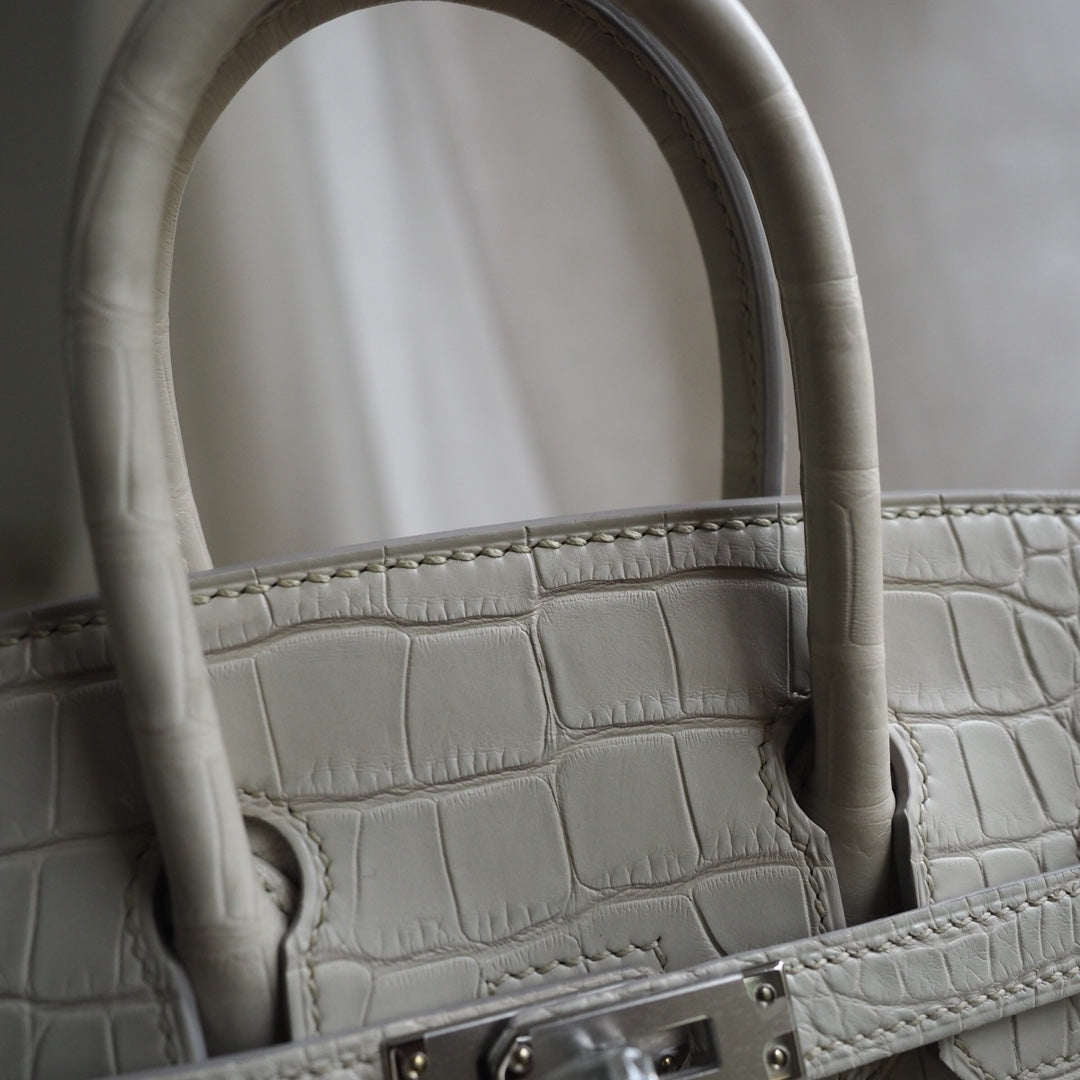 Hermes Birkin 25cm 12/奶油白/Nata Crocodile leather Palladium hardware
