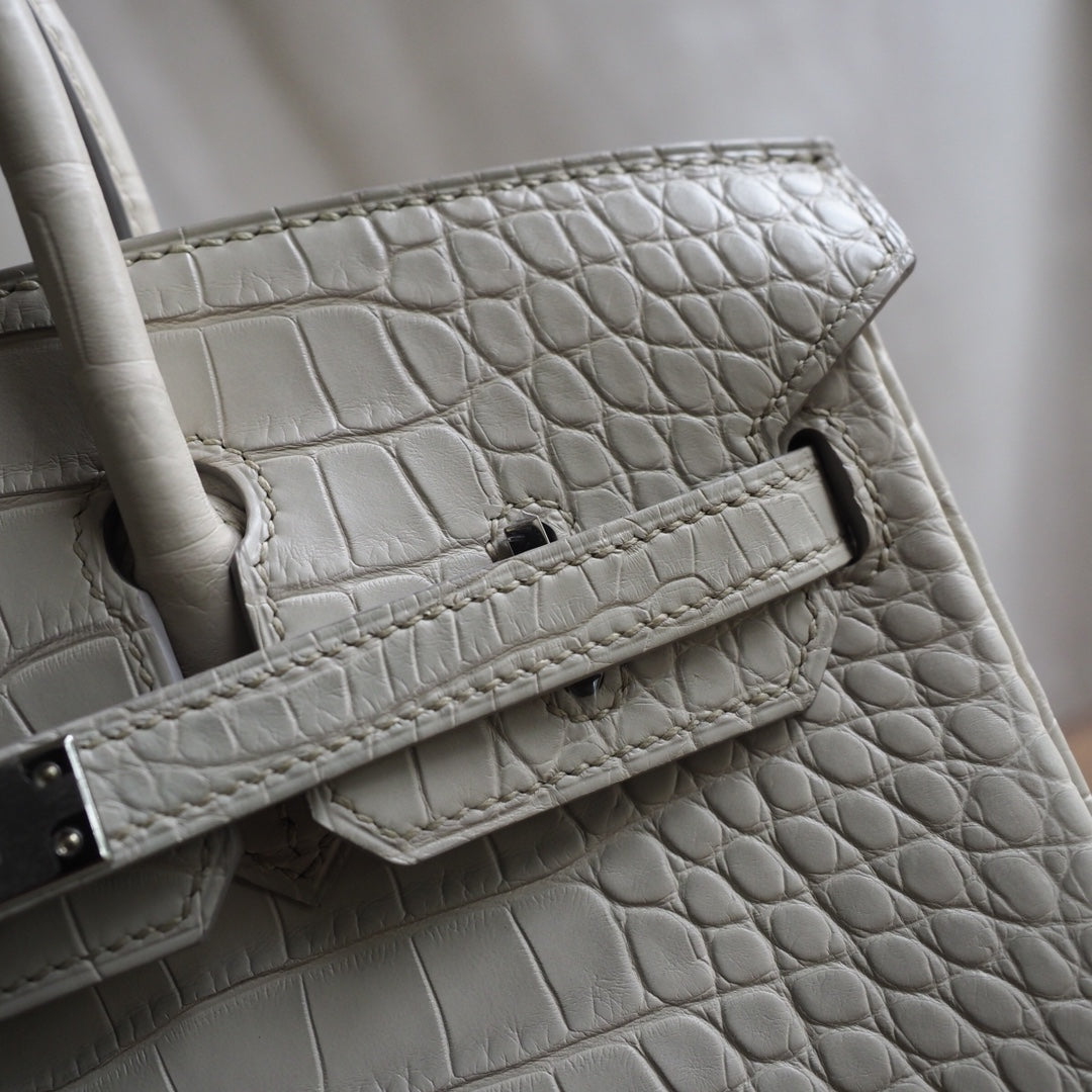 Hermes Birkin 25cm 12/奶油白/Nata Crocodile leather Palladium hardware