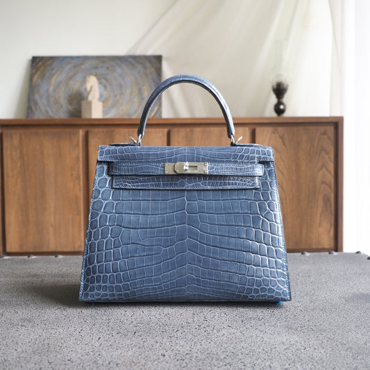 Hermes Kelly 25cm N7/风暴蓝/Blue tempete Crocodile leather Palladium hardware
