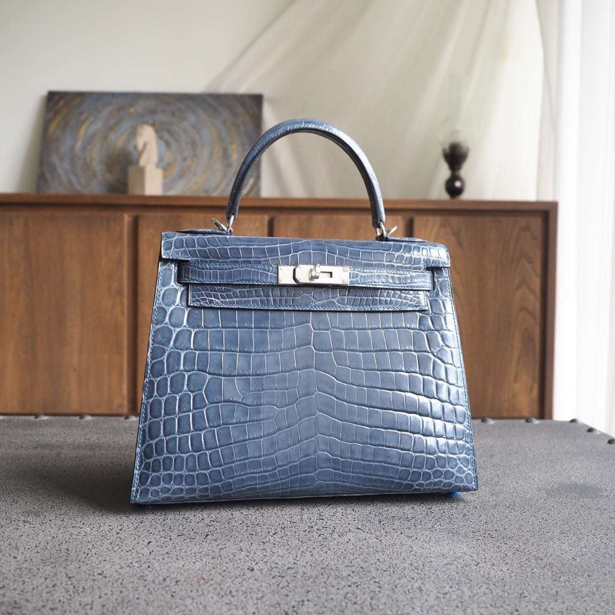 Hermes Kelly 25cm N7/风暴蓝/Blue tempete Crocodile leather Palladium hardware