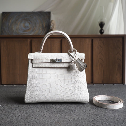 Hermes Kelly 25cm 8L/冰川白/Beton Crocodile leather Palladium hardware