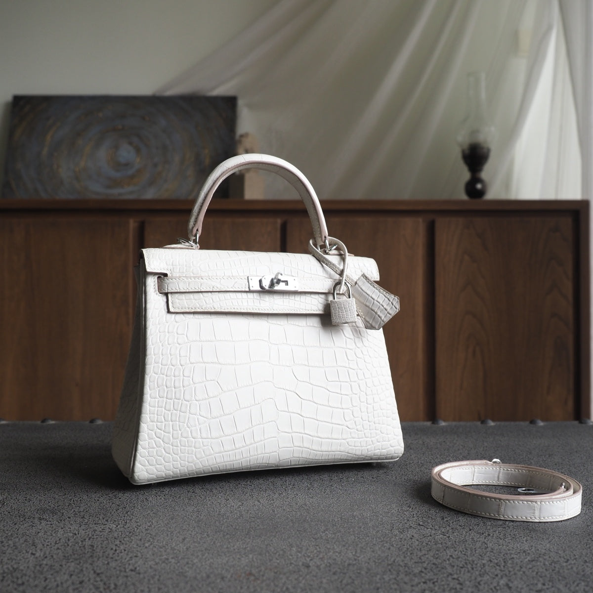 Hermes Kelly 25cm 8L/冰川白/Beton Crocodile leather Palladium hardware