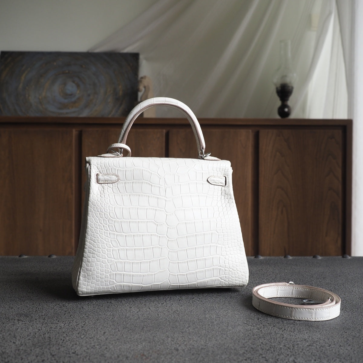 Hermes Kelly 25cm 8L/冰川白/Beton Crocodile leather Palladium hardware
