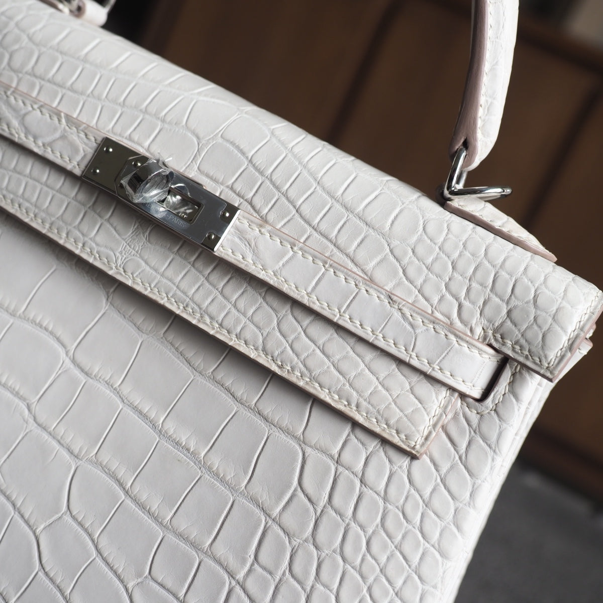 Hermes Kelly 25cm 8L/冰川白/Beton Crocodile leather Palladium hardware
