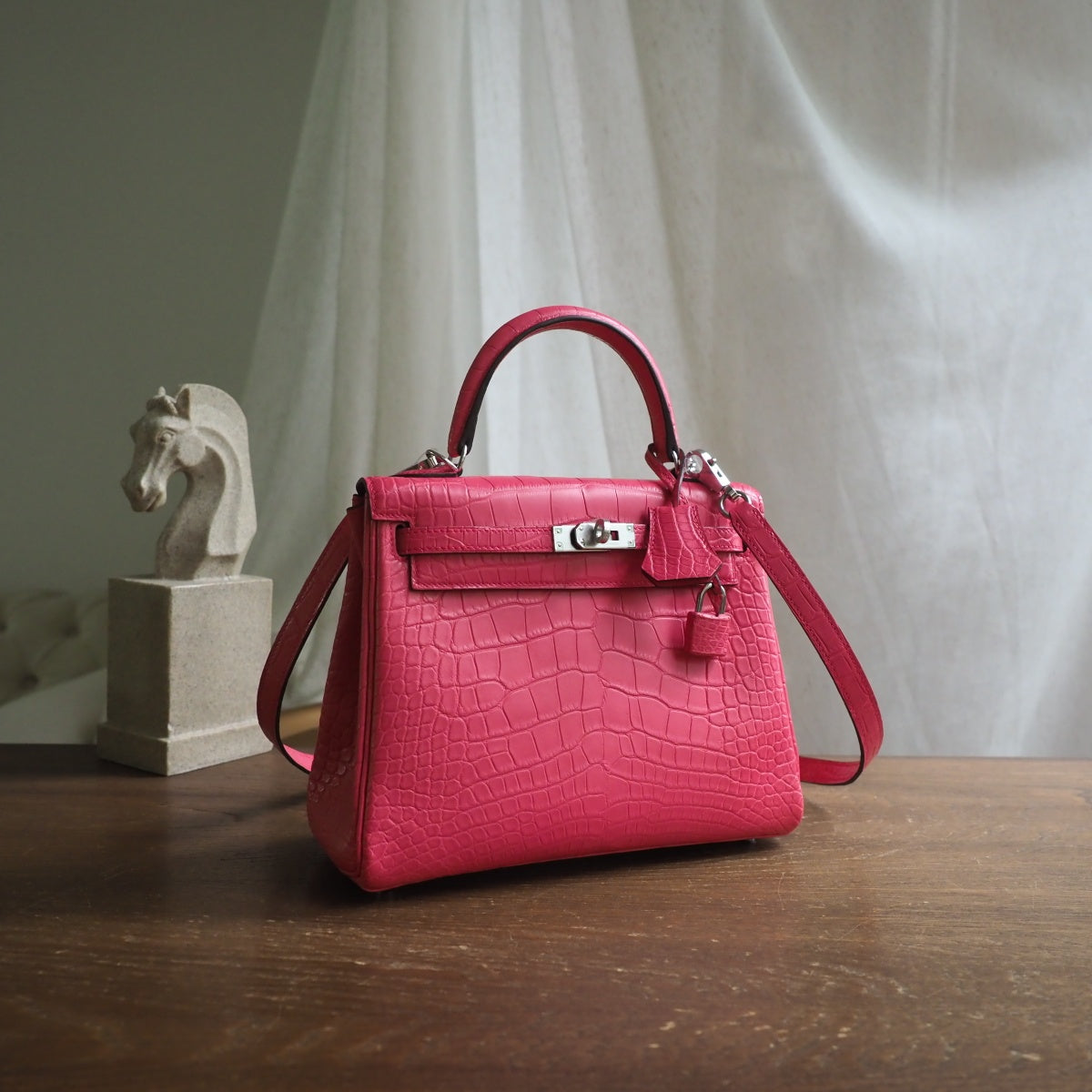 Hermes Kelly 25cm A5/杜鹃红/Bougainvillier Crocodile leather Palladium hardware
