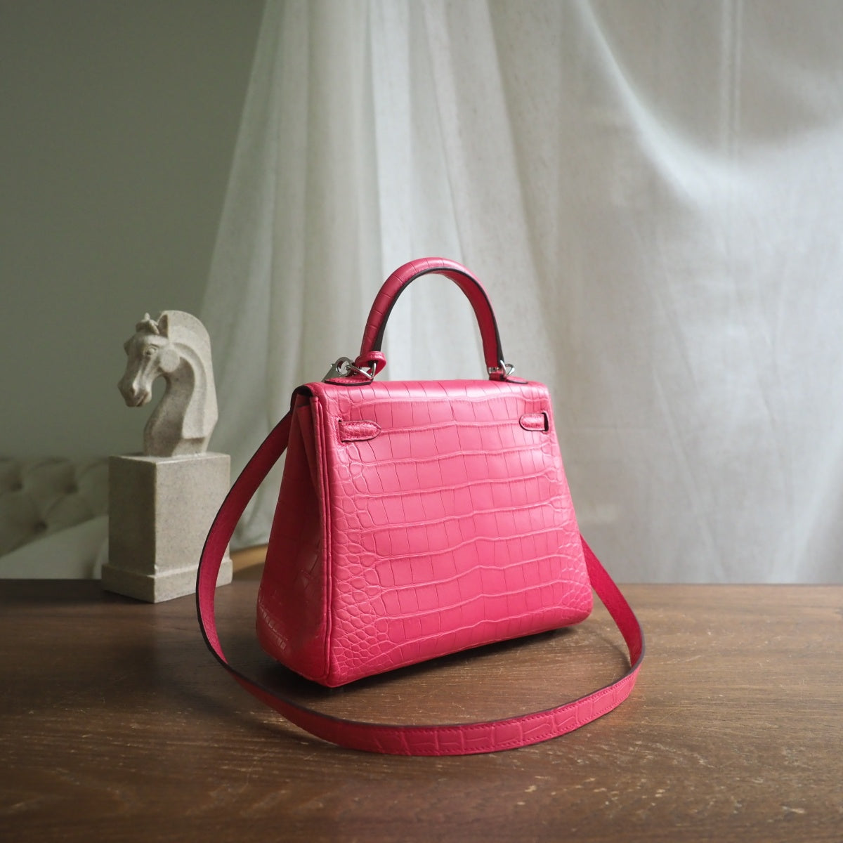 Hermes Kelly 25cm A5/杜鹃红/Bougainvillier Crocodile leather Palladium hardware
