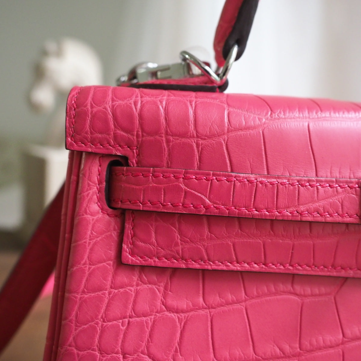 Hermes Kelly 25cm A5/杜鹃红/Bougainvillier Crocodile leather Palladium hardware