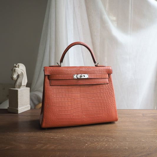 Hermes Kelly 32cm 9M/三文鱼色/Sanguine Crocodile leather Palladium hardware