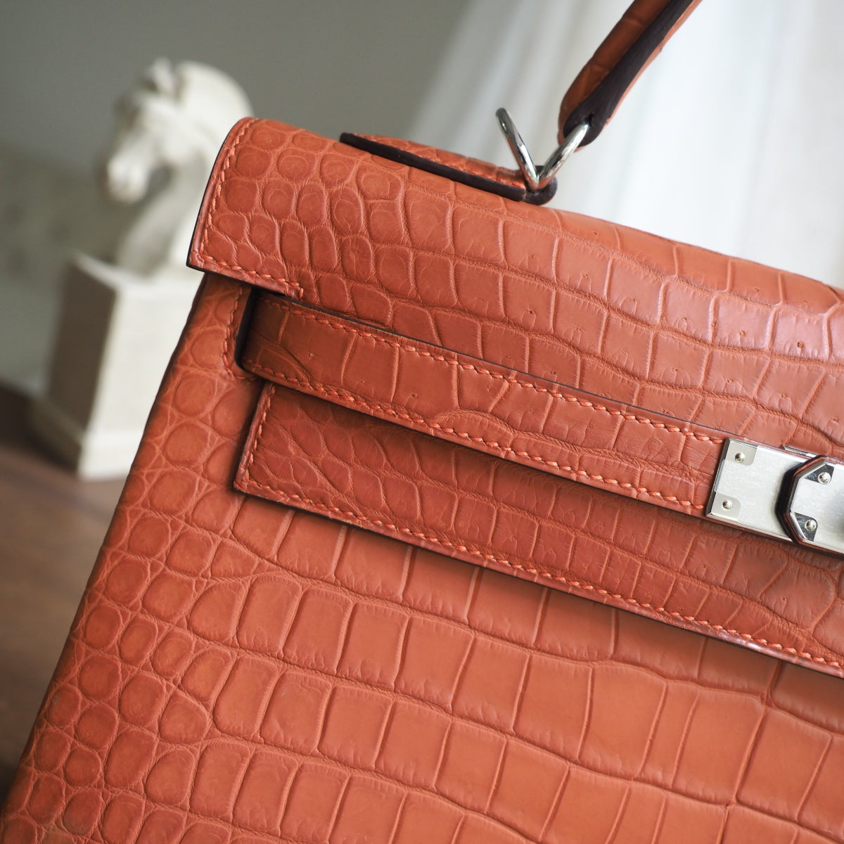 Hermes Kelly 32cm 9M/三文鱼色/Sanguine Crocodile leather Palladium hardware