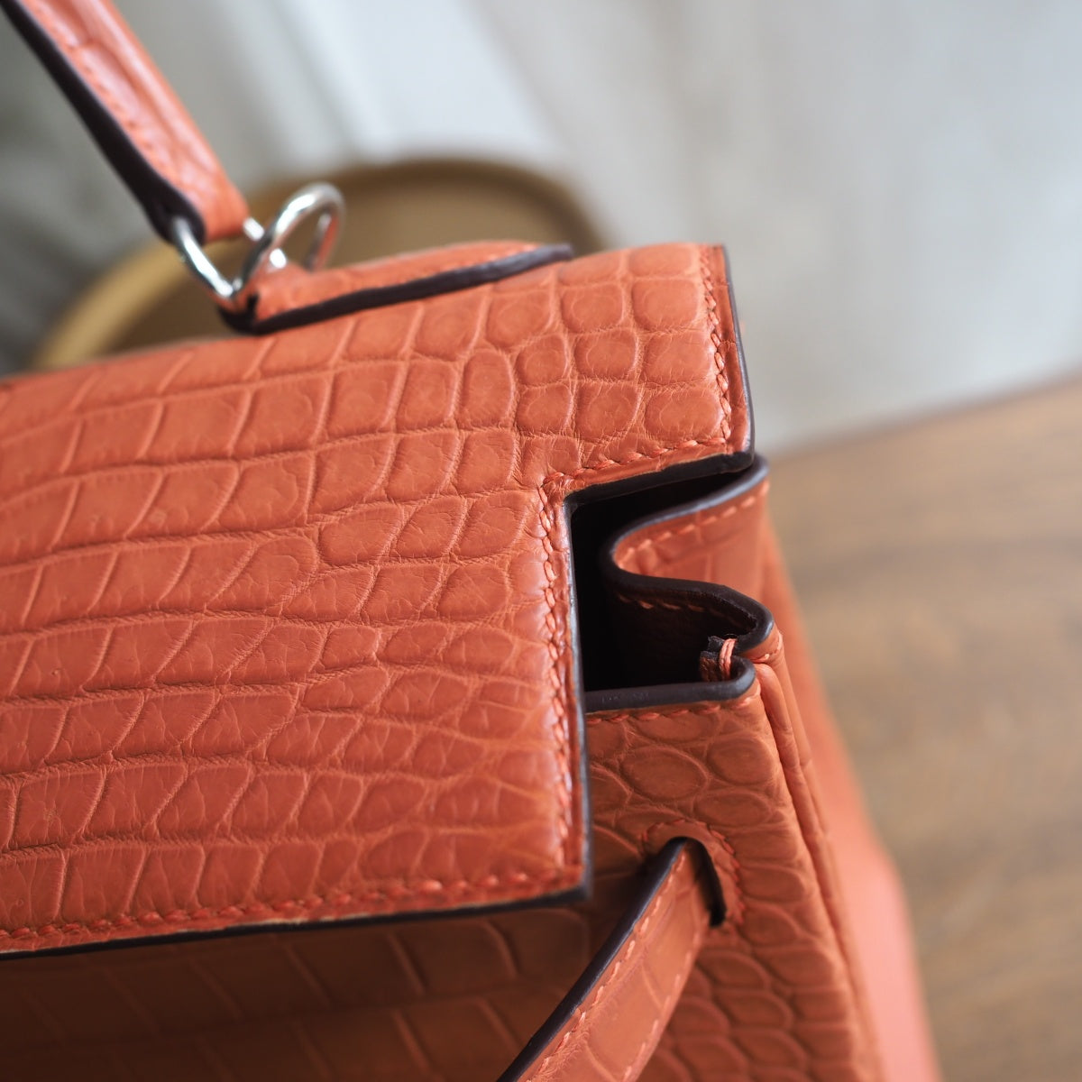 Hermes Kelly 32cm 9M/三文鱼色/Sanguine Crocodile leather Palladium hardware