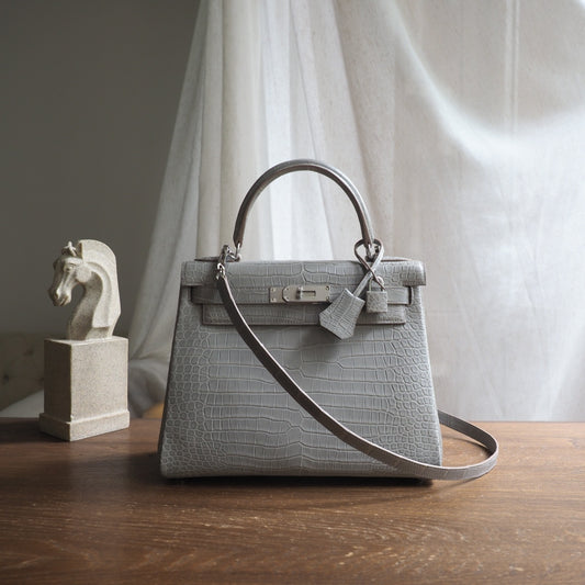 Hermes Kelly 28cm 8M/巴黎灰/Paris grey Crocodile leather Palladium hardware