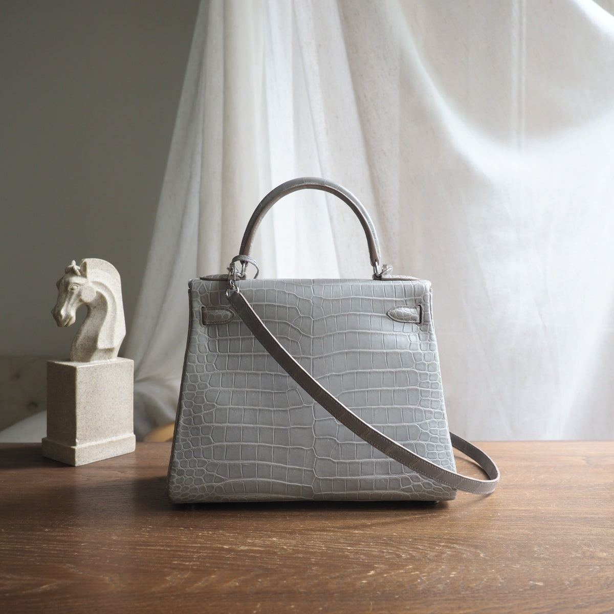 Hermes Kelly 28cm 8M/巴黎灰/Paris grey Crocodile leather Palladium hardware