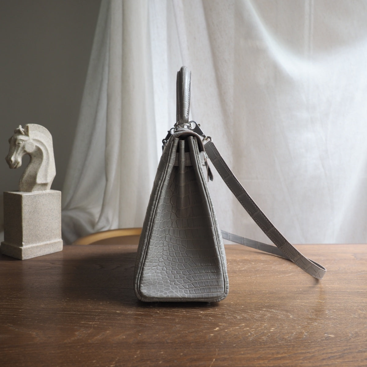 Hermes Kelly 28cm 8M/巴黎灰/Paris grey Crocodile leather Palladium hardware