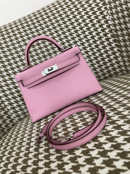 Hermes Mini Kelly 19cm X9/锦葵紫/Mauve Sylvestre Epsom leather Palladium hardware