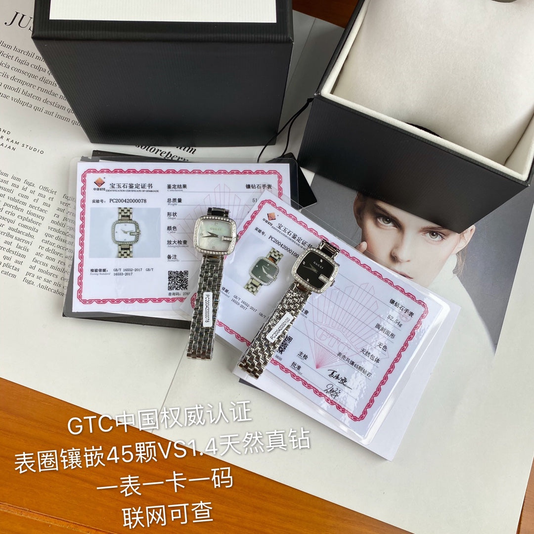 Gucci watch 表盘镶嵌45颗Vs1.4真钻，表径24*22.5mm，原装瑞士石英机芯，异型蓝宝石玻璃，防水30m，非常精致全套包装