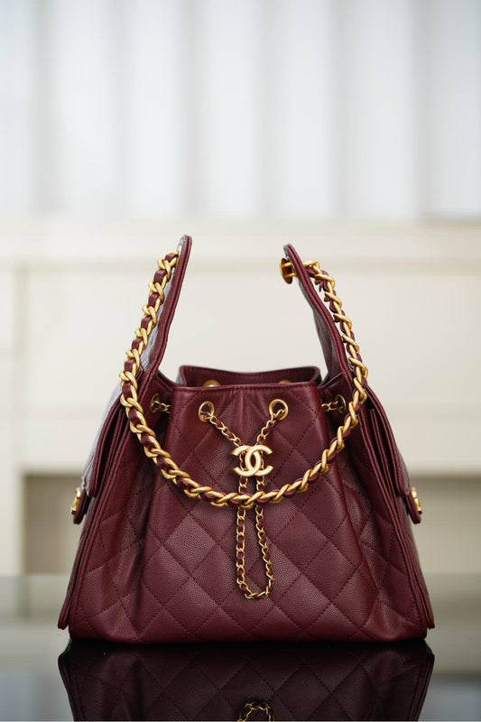 Chanel 𝟐𝟓A 𝐬𝐦𝐚𝐥𝐥 𝐡𝐨𝐛𝐨 抽绳水桶包 酒红色 小号