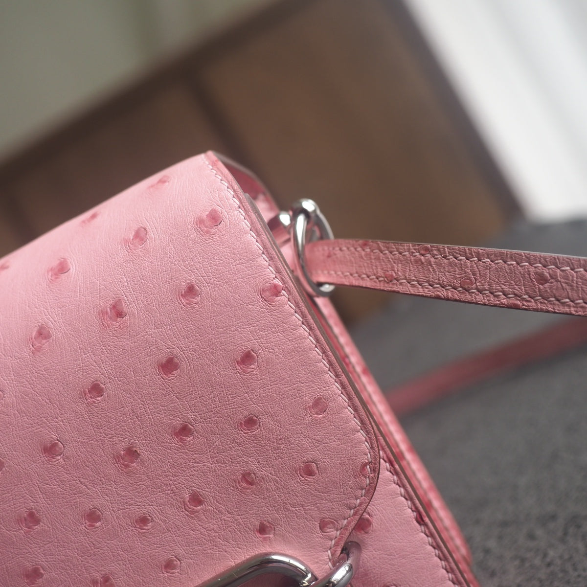 Hermes Roulis 19cm 94/陶瓷粉/Terre cuite Ostrich leather Palladium hardware
