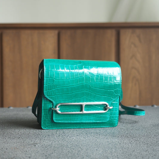Hermes Roulis 19cm 6Q/翡翠绿/Vert emeraude Shiny cror leather Palladium hardware
