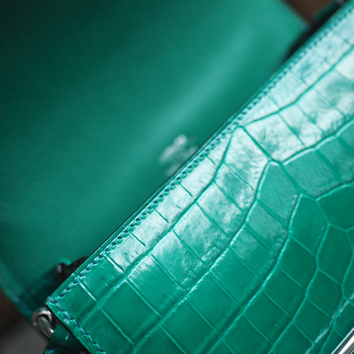 Hermes Roulis 19cm 6Q/翡翠绿/Vert emeraude Shiny cror leather Palladium hardware