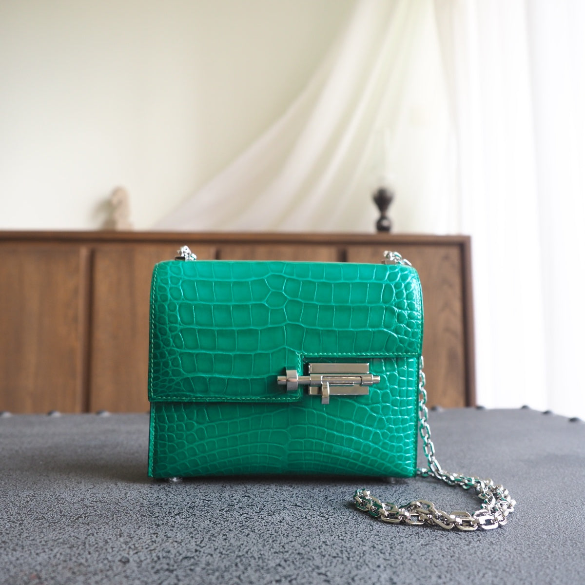 Hermes Verrou 19cm 6Q/翡翠绿/Vert emeraude Shiny cror leather Palladium hardware