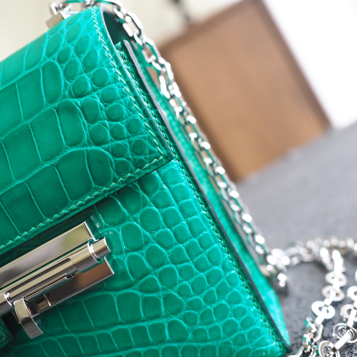 Hermes Verrou 19cm 6Q/翡翠绿/Vert emeraude Shiny cror leather Palladium hardware