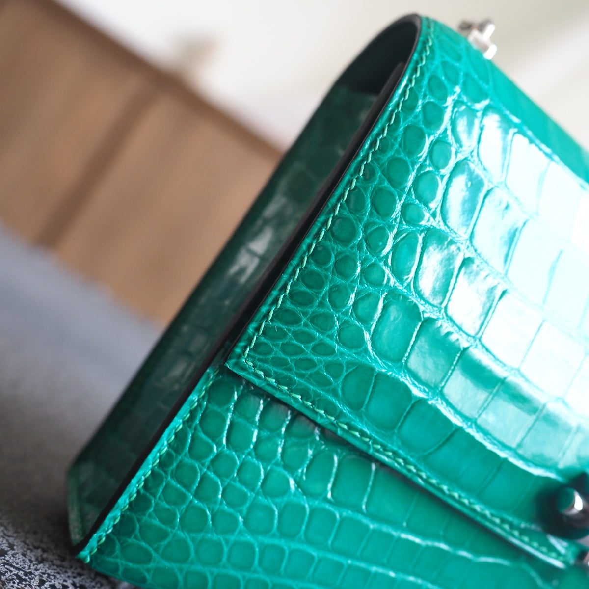 Hermes Verrou 19cm 6Q/翡翠绿/Vert emeraude Shiny cror leather Palladium hardware